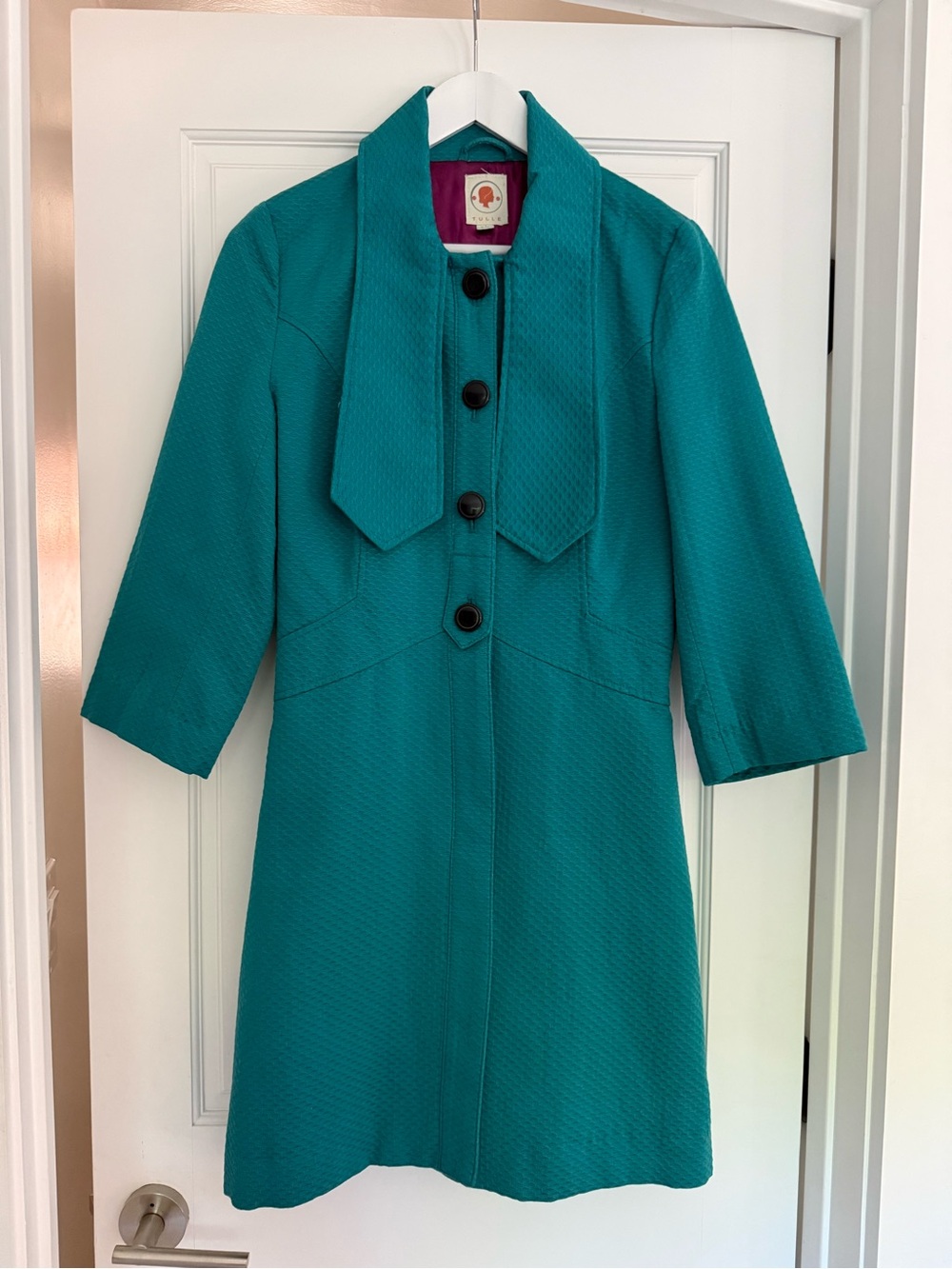 Tulle Retro Trench Coat with Statement Collar in Teal with Magenta Lining